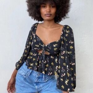 Urban Outfitters-Black Floral Tie-Front Peplum Top-Size M~Boho~Cottagecore~Long